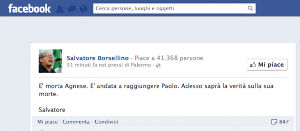 Morta Agnese Borsellino, l&#8217;annuncio su Facebook: &#8220;Ora saprà la verità su Paolo&#8221;