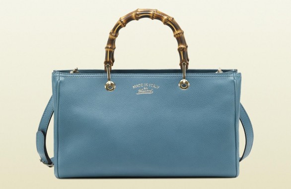 Borsa di lusso Gucci shopping bamboo in pelle blu chiaro