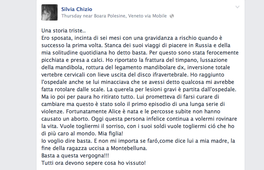 Silvia Chizio denuncia le violenze dell&#8217;ex marito su Facebook