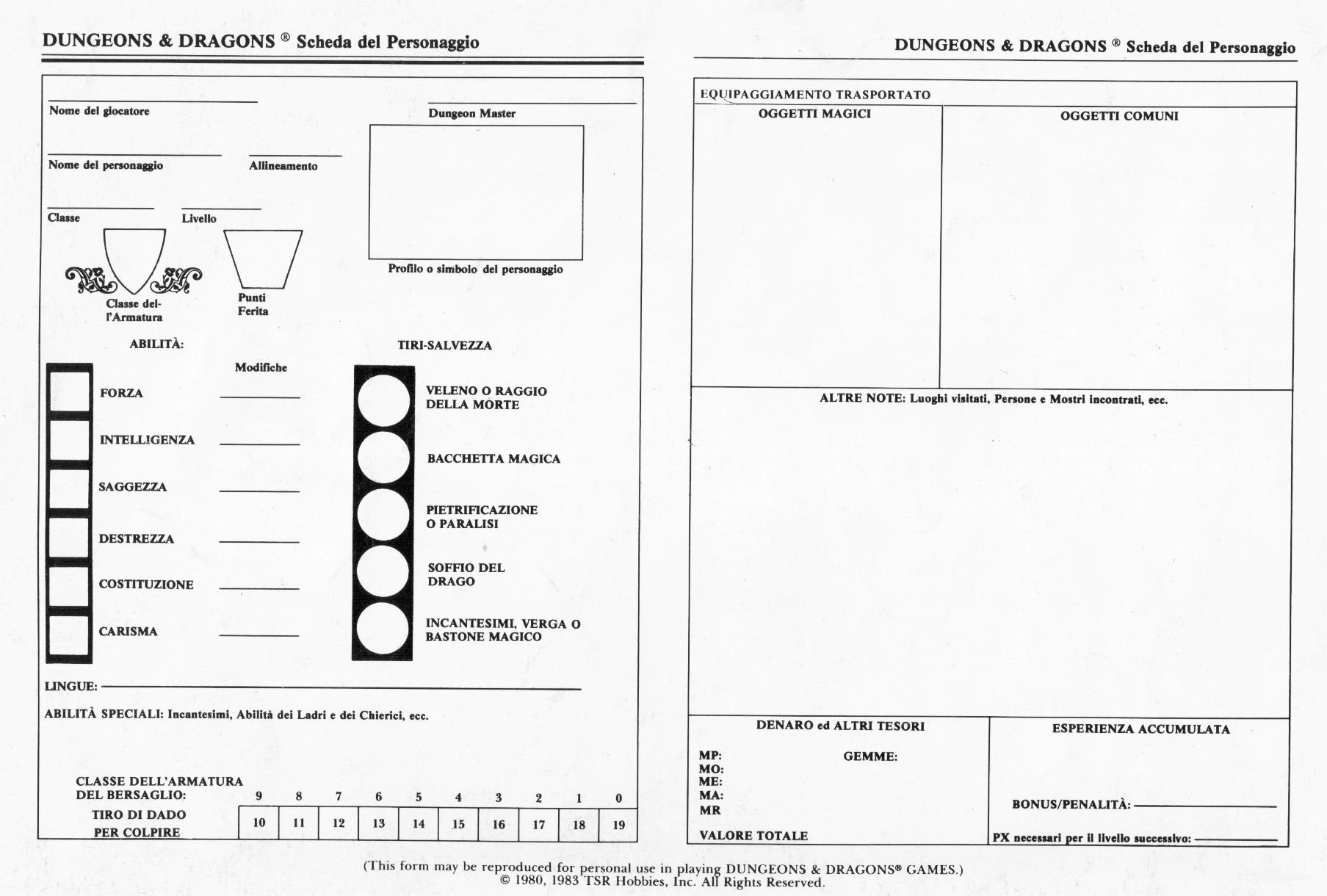 Dungeons and Dragons scheda del personaggio