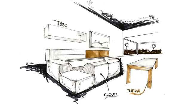 Area living made in Lema: le geometrie del sistema T030, il comfort del divano Cloud e l’armonia del tavolo Thera