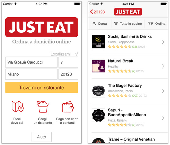 Su iTunes Store arriva Just Eat, l&#8217;app di cibo a domicilio per quando non si ha voglia di cucinare