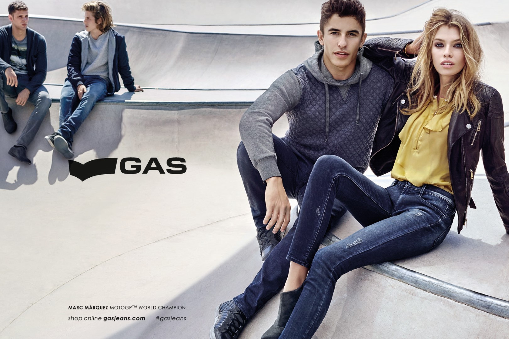 Gas Jeans campagna pubblicitaria auttunno inverno 2015 2016: testimonial Marc Marquez e Stella Maxwell