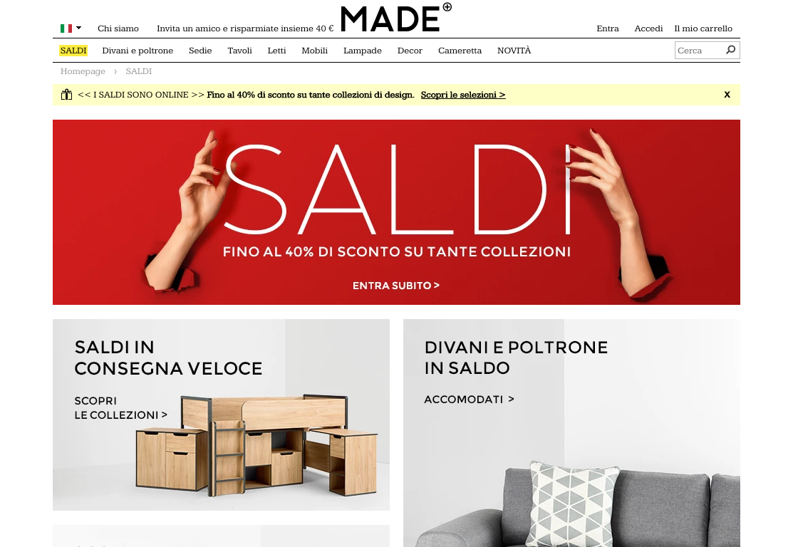 Saldi invernali gennaio 2016: su Made.com iniziati con la Befana