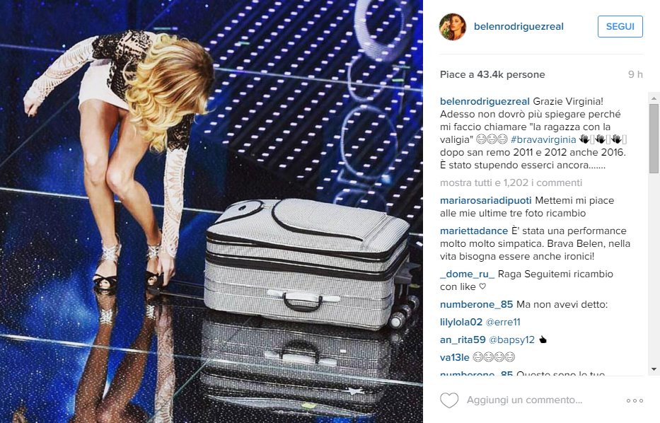 Festiva Sanremo 2016: Virginia Raffaele è Belen Rodriguez &#8220;la ragazza con la valigia&#8221;, i look della quarta serata su Instagram