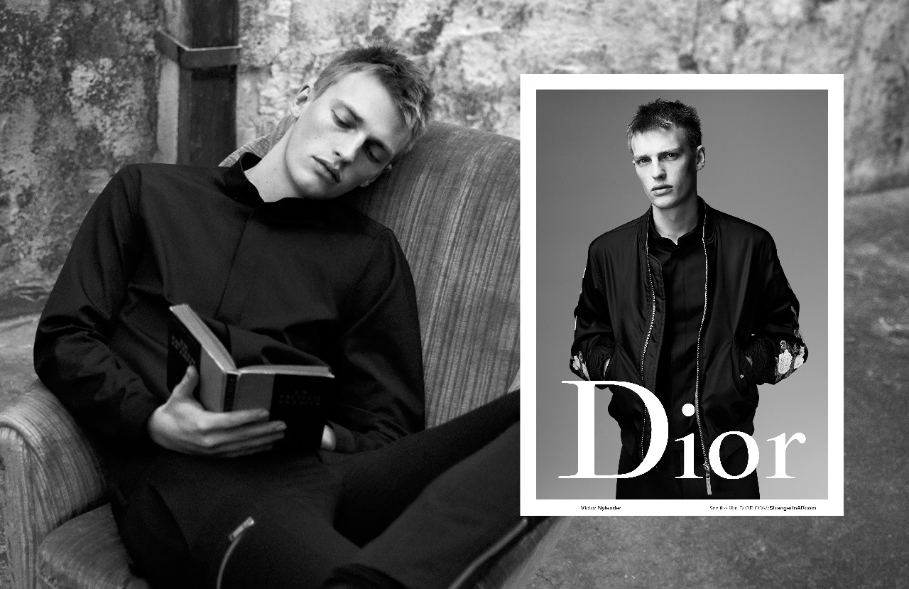 Dior Homme campagna pubblicitaria primavera estate 2016: testimonial Oliver Sim, Alain Delon-Fabien e Rinus van de Velde