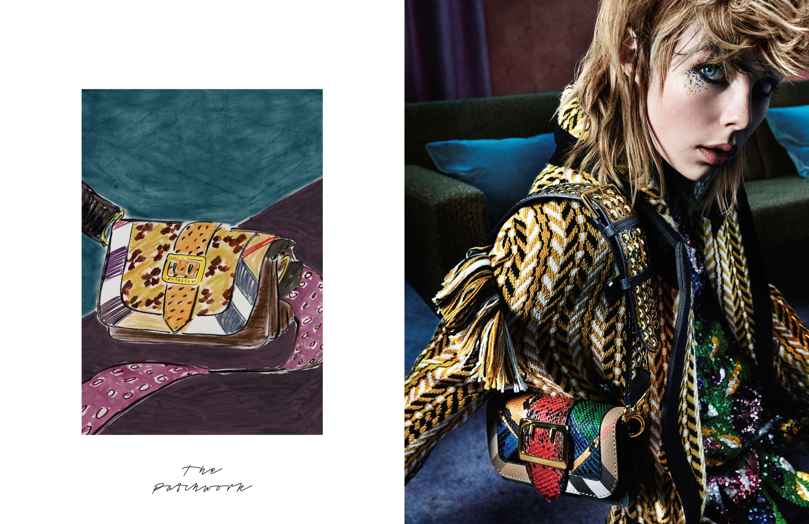 Burberry campagna A Patchwork: le illustrazioni di Luke Edward Hall accanto ai ritratti di Mario Testino