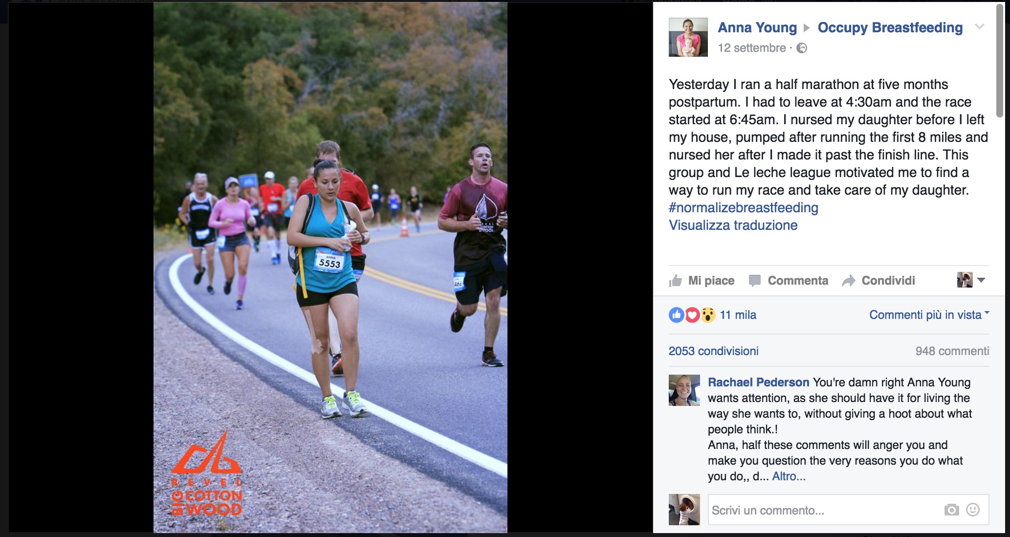 Donna si tira il latte mentre corre la mezza maratona