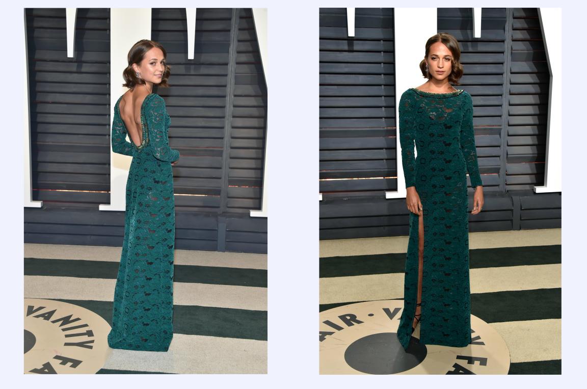 Louis Vuitton per Alicia Vikander al party Vanity Fair degli Oscar 2017