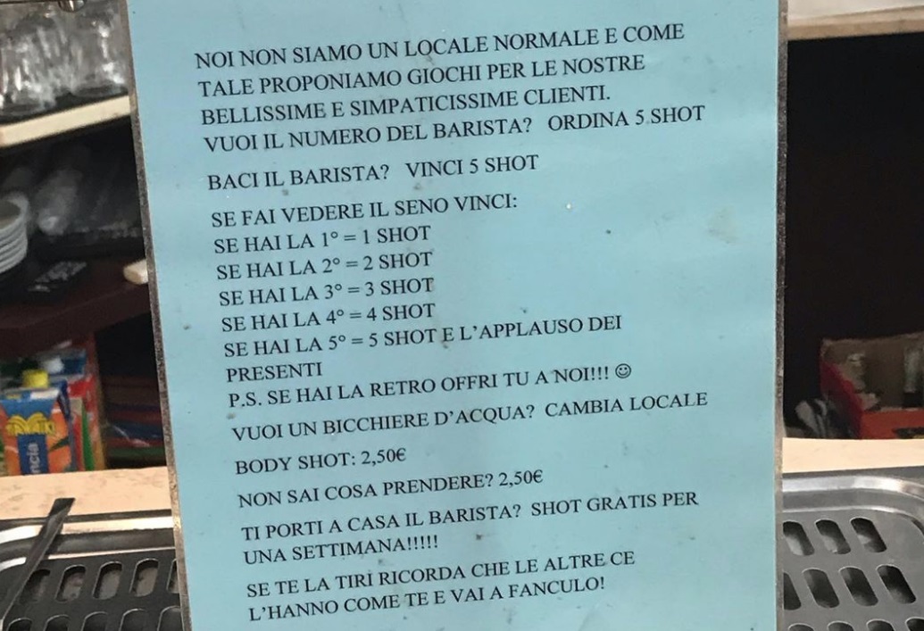 “Se fai vedere il seno, bevi gratis&#8221;: cartello sessista in un bar di Treviso