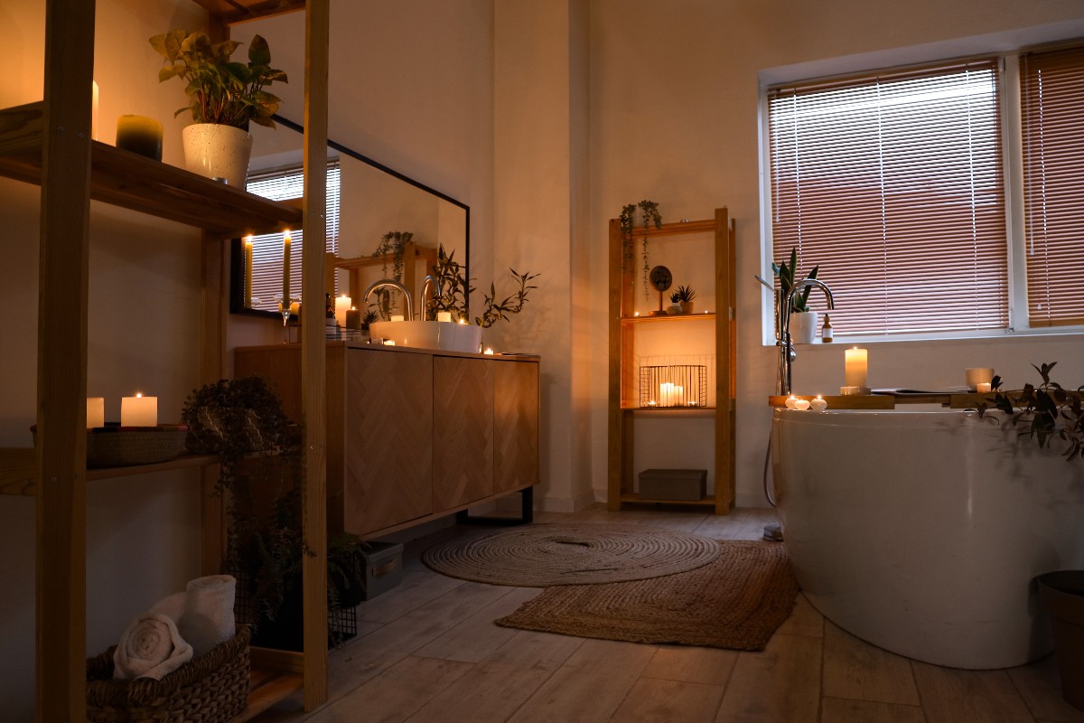 Arredamento bagno in stile spa con candele e atmosfera rilassante.
