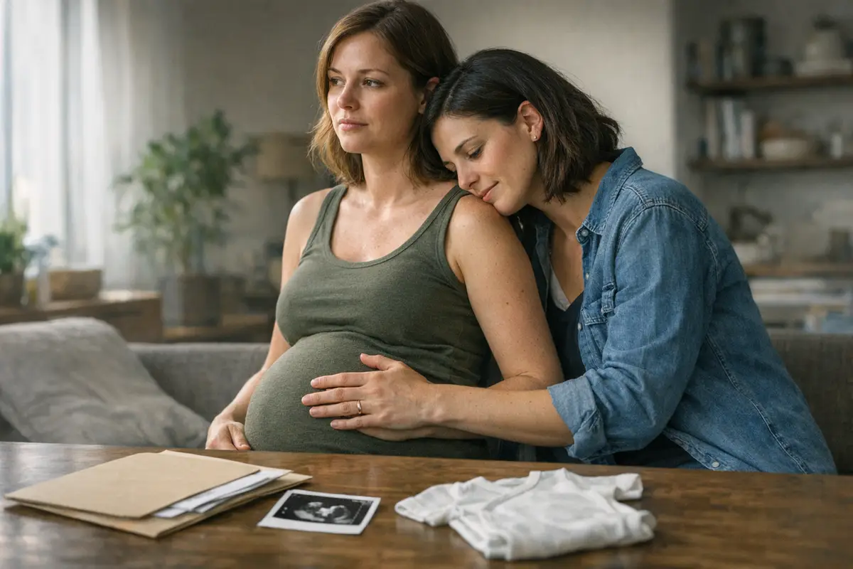Due donne abbracciate sul divano, una incinta, con documenti, un’ecografia e una tutina sul tavolo