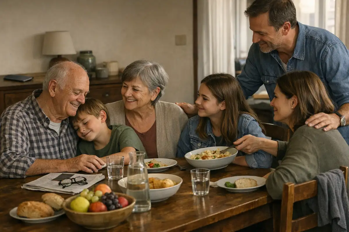 Famiglia multigenerazionale riunita a tavola, con un bambino appoggiato al nonno durante il pranzo