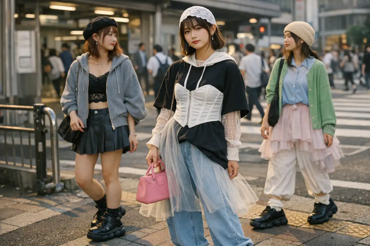Tre ragazze in street style a un attraversamento a Tokyo, con corsetto su T-shirt oversize e gonna in tulle sopra jeans