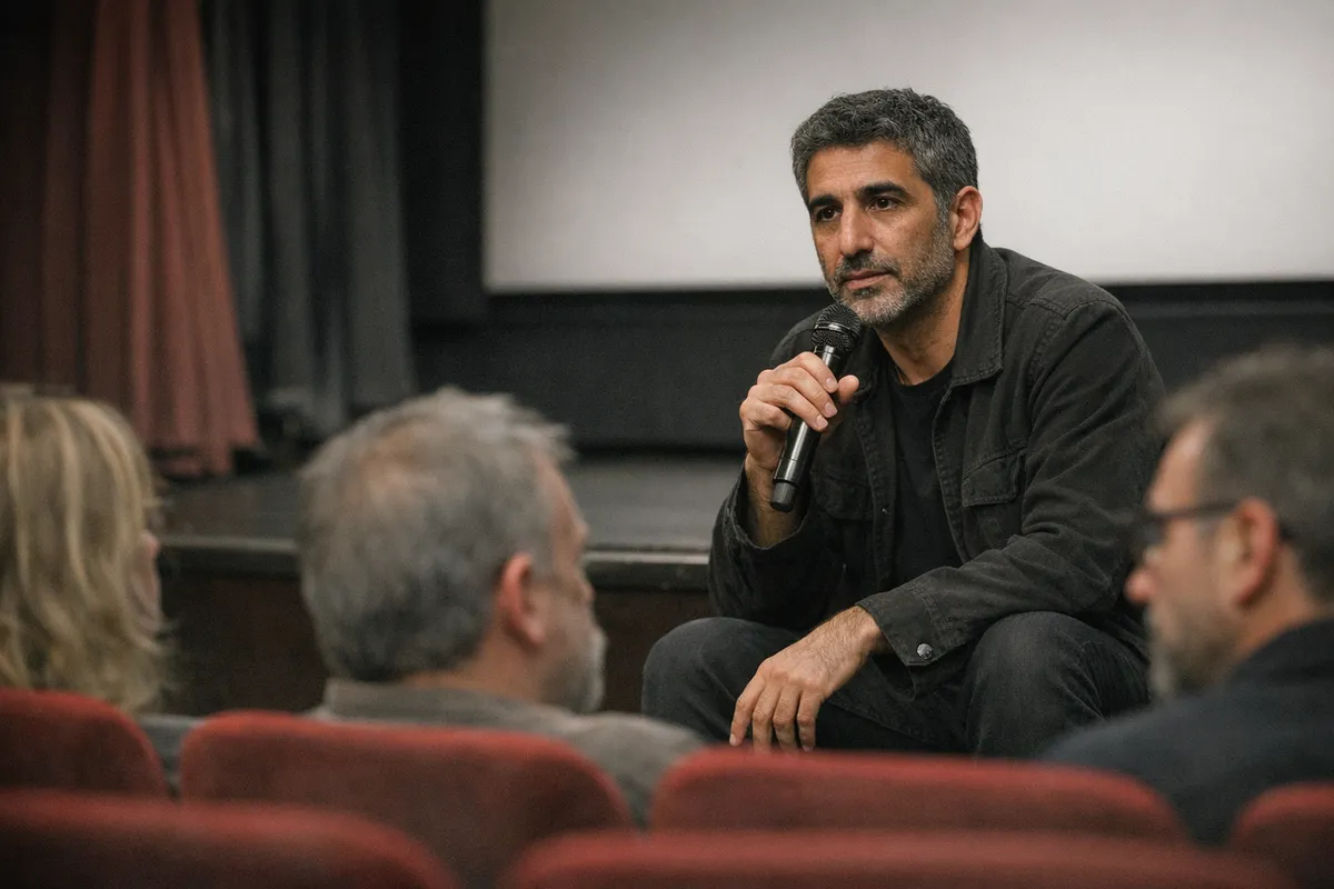 Uomo con microfono parla a un pubblico in una sala cinema, con poltrone rosse in primo piano