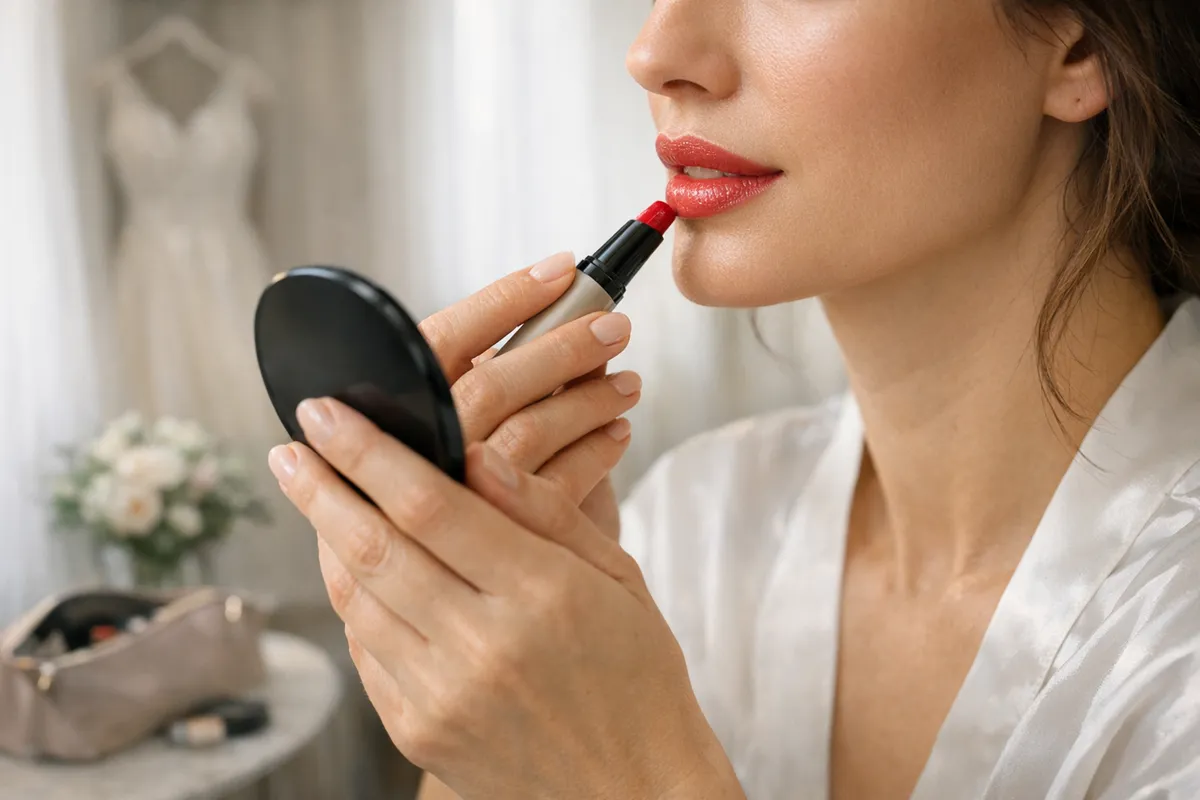 Donna applica un rossetto rosso con uno specchietto, con abito chiaro appeso e fiori sfocati sullo sfondo