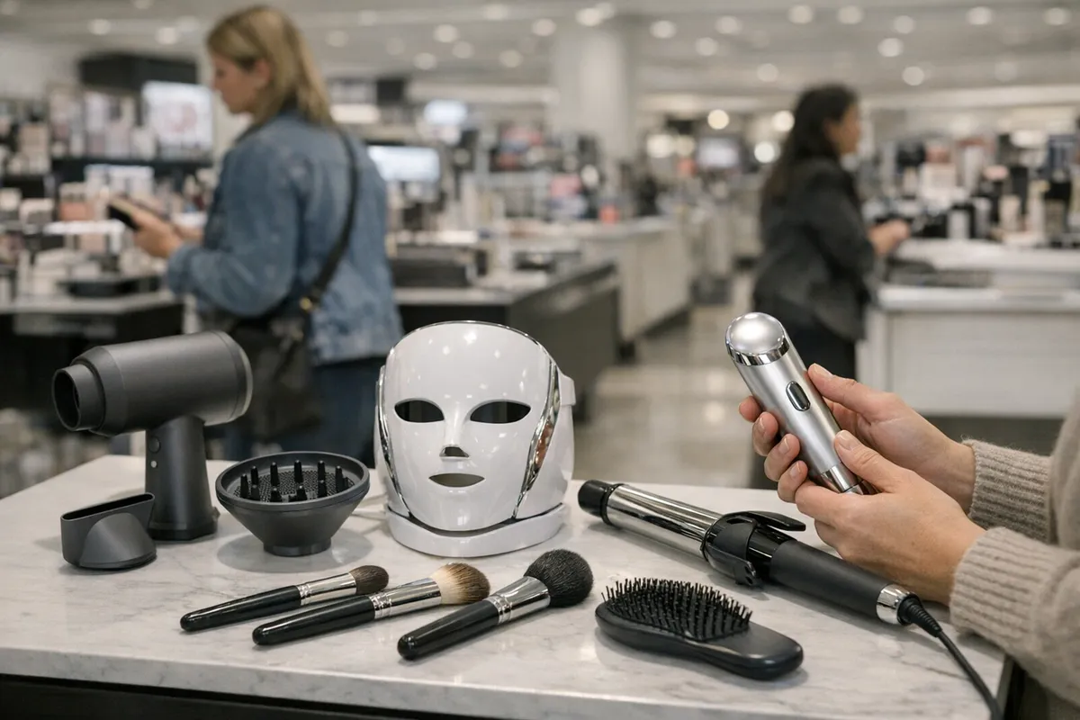 Beauty tool su bancone: asciugacapelli, maschera LED, ferro arricciacapelli, pennelli e spazzola, mani con device