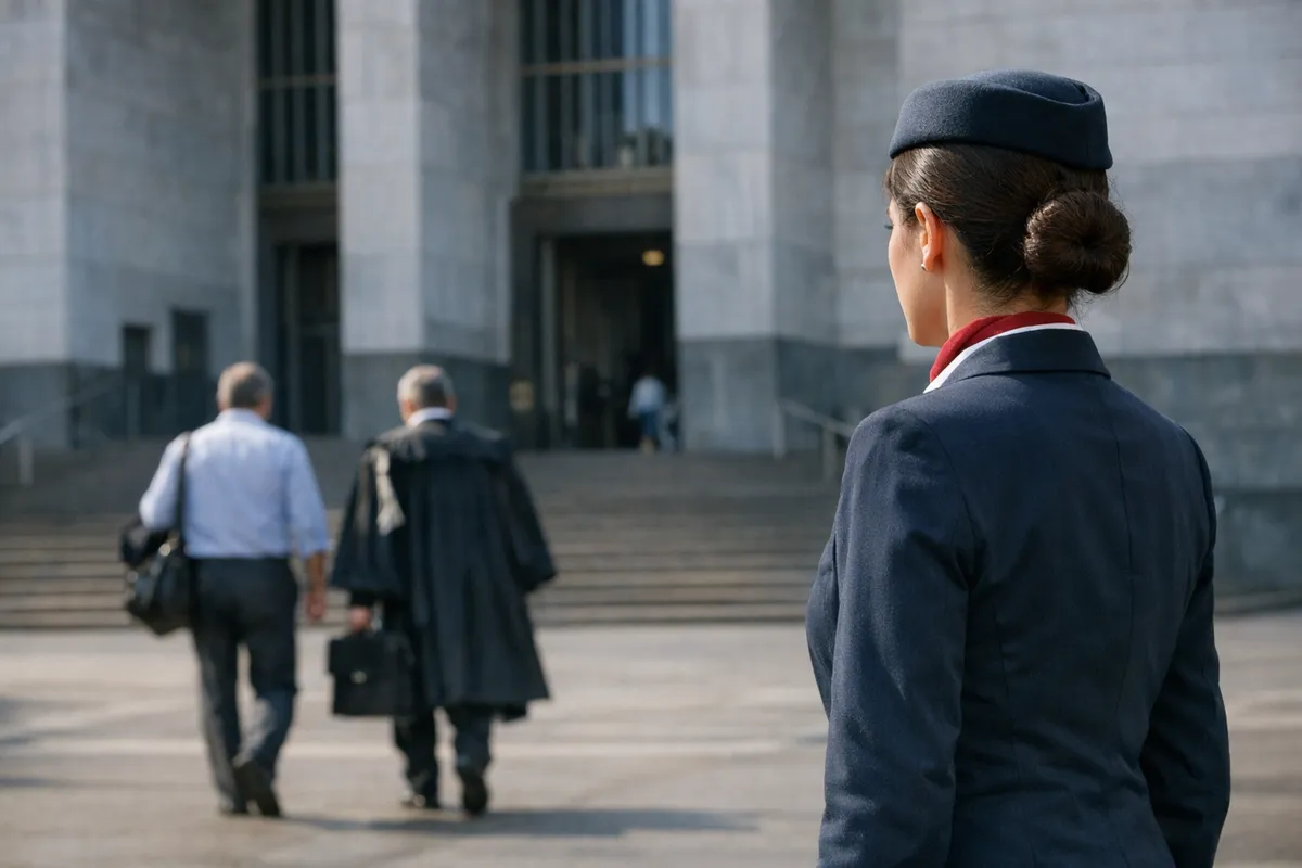 Donna in uniforme da hostess di spalle davanti all’ingresso di un tribunale, con due uomini che si allontanano
