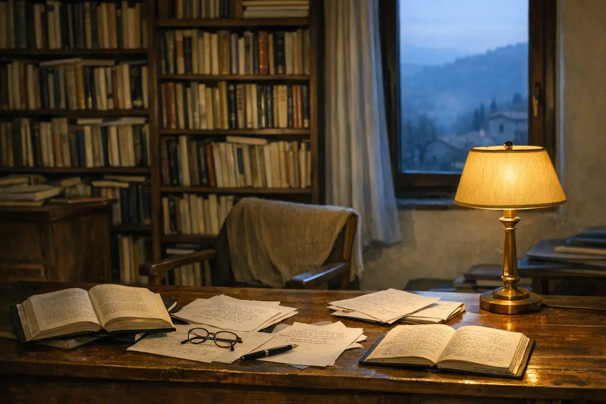 Scrivania con libri aperti, fogli scritti a mano, occhiali e lampada accesa in uno studio con librerie e finestra all’alba