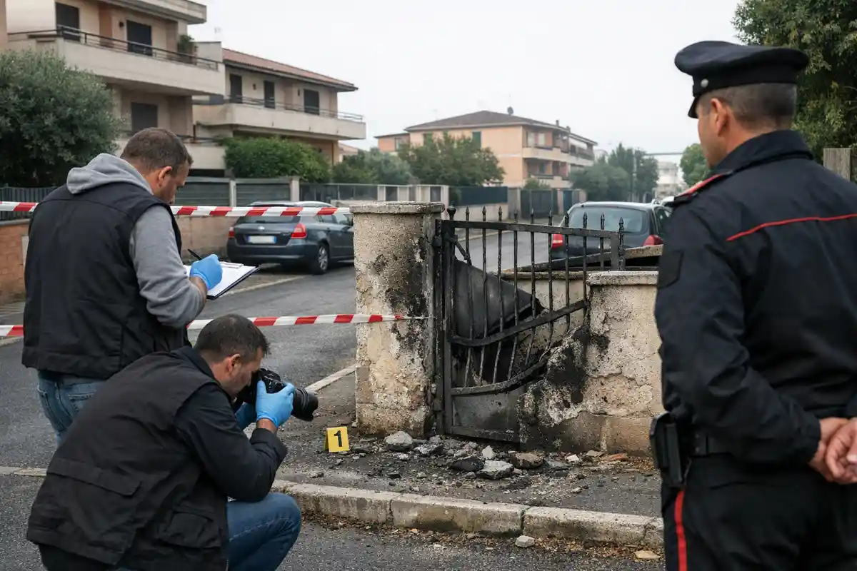 Investigatori e carabiniere davanti a un cancello danneggiato con nastro di sicurezza e detriti in strada