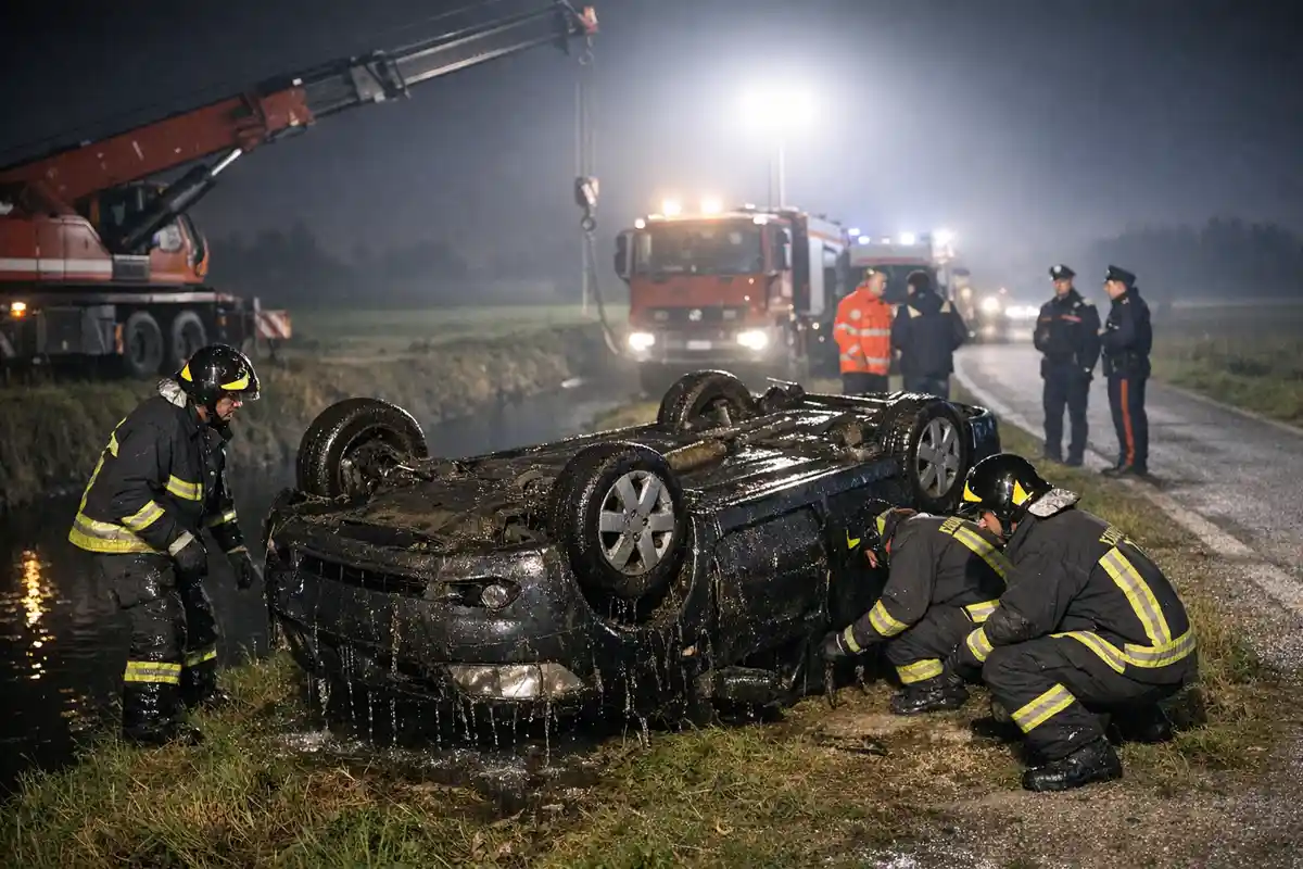 Auto ribaltata sul ciglio di un canale di notte, con vigili del fuoco al lavoro e mezzi di soccorso sullo sfondo