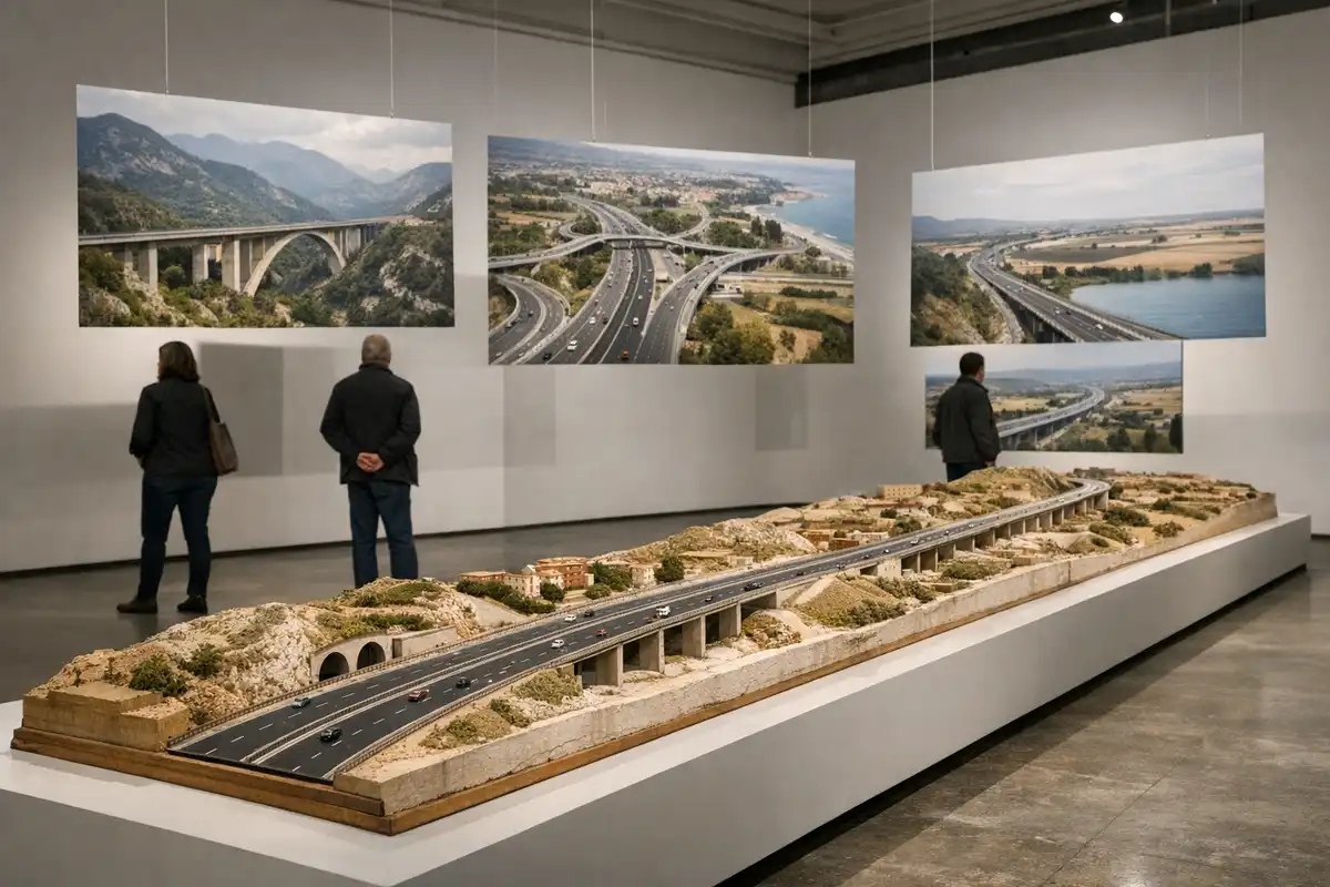 Plastico di un tratto autostradale in una sala museale, con visitatori e grandi foto sospese di viadotti