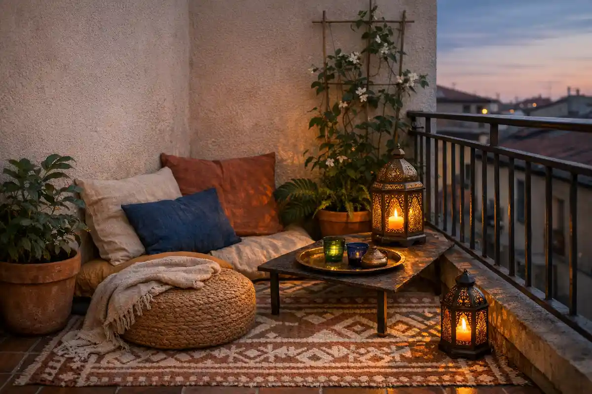Angolo relax su piccolo balcone con cuscini a terra, pouf intrecciato, tappeto marocchino e lanterne accese al tramonto
