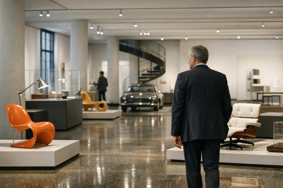 Uomo in abito scuro osserva una galleria di design con sedie esposte, lampada e auto d’epoca, sotto una scala a chiocciola