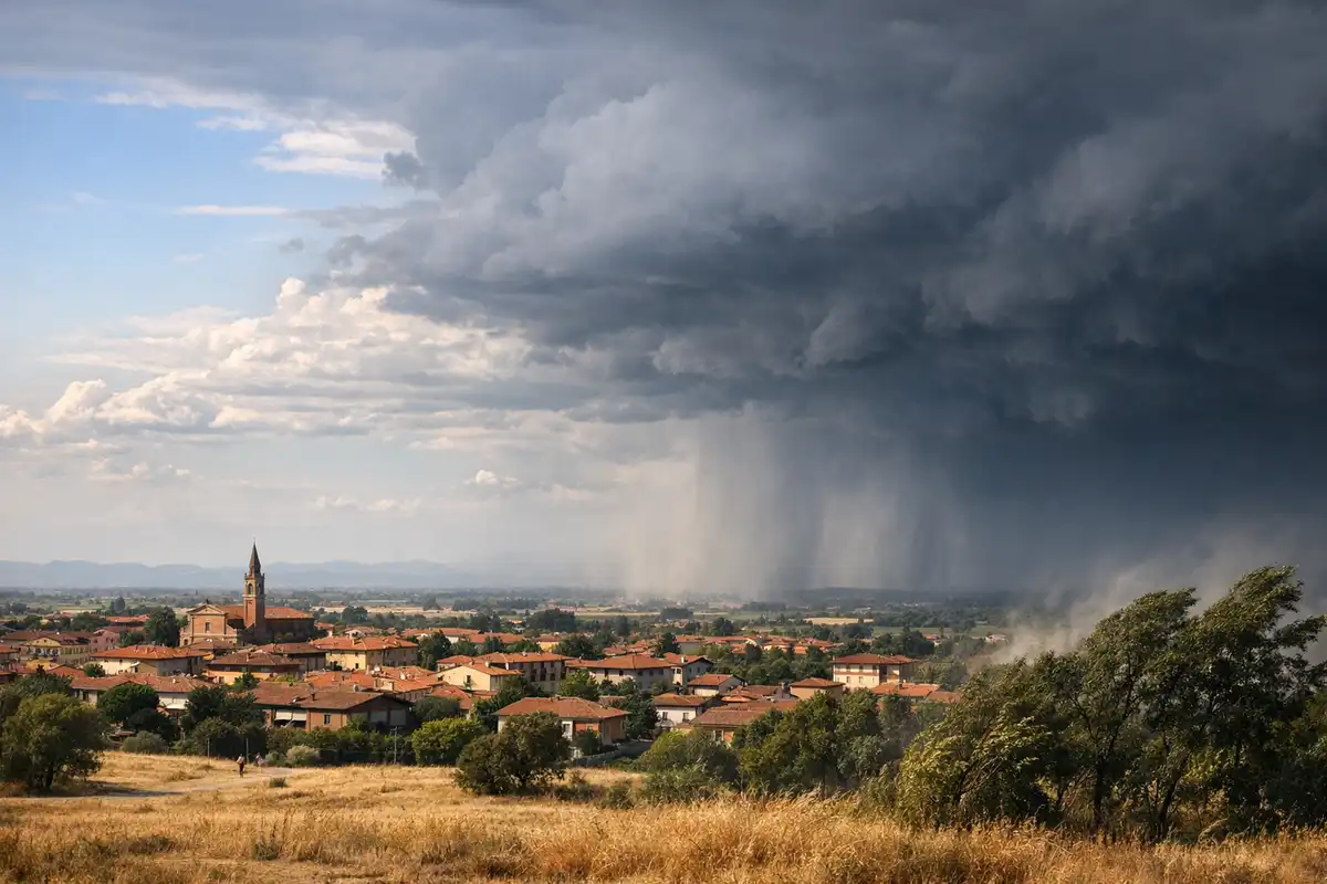 Paesaggio con paese dai tetti rossi e campanile, sotto nubi temporalesche scure con pioggia in lontananza