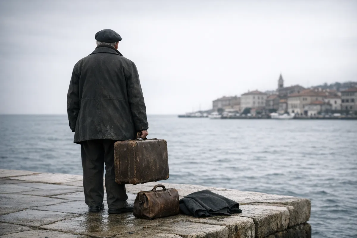 Uomo anziano di spalle su un molo di pietra, con valigia consunta, davanti al mare e a un borgo sullo sfondo