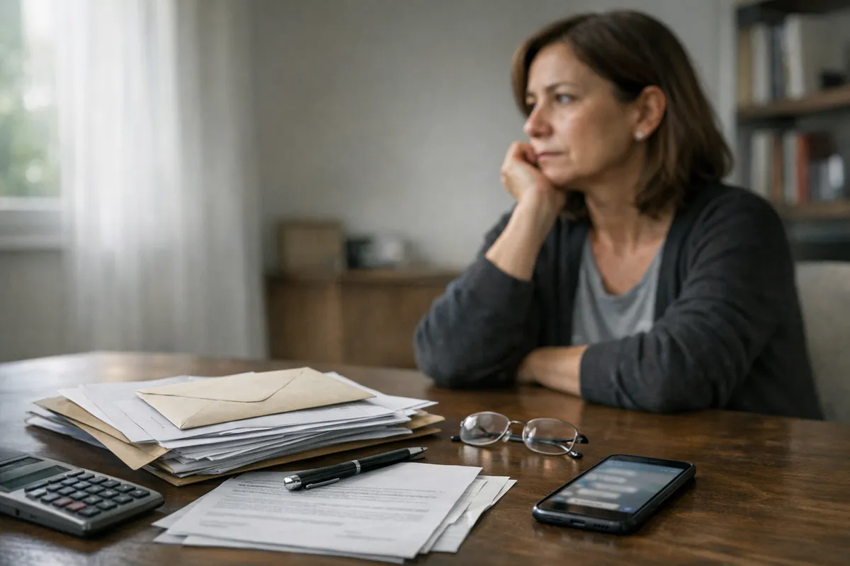 Donna pensierosa al tavolo con documenti, buste, calcolatrice, occhiali e smartphone sfocato