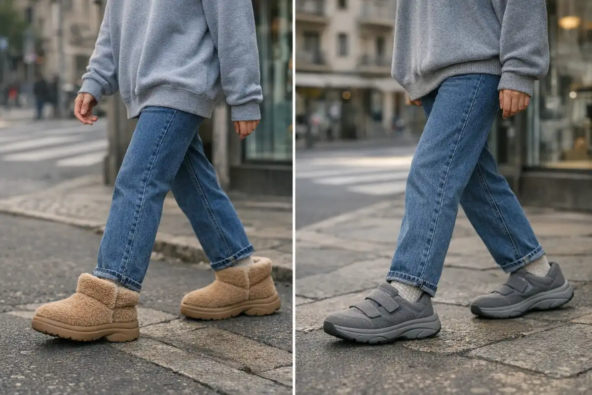 Dettaglio street style di jeans e felpa grigia con scarponcini in shearling beige e scarpe chunky grigie su marciapiede