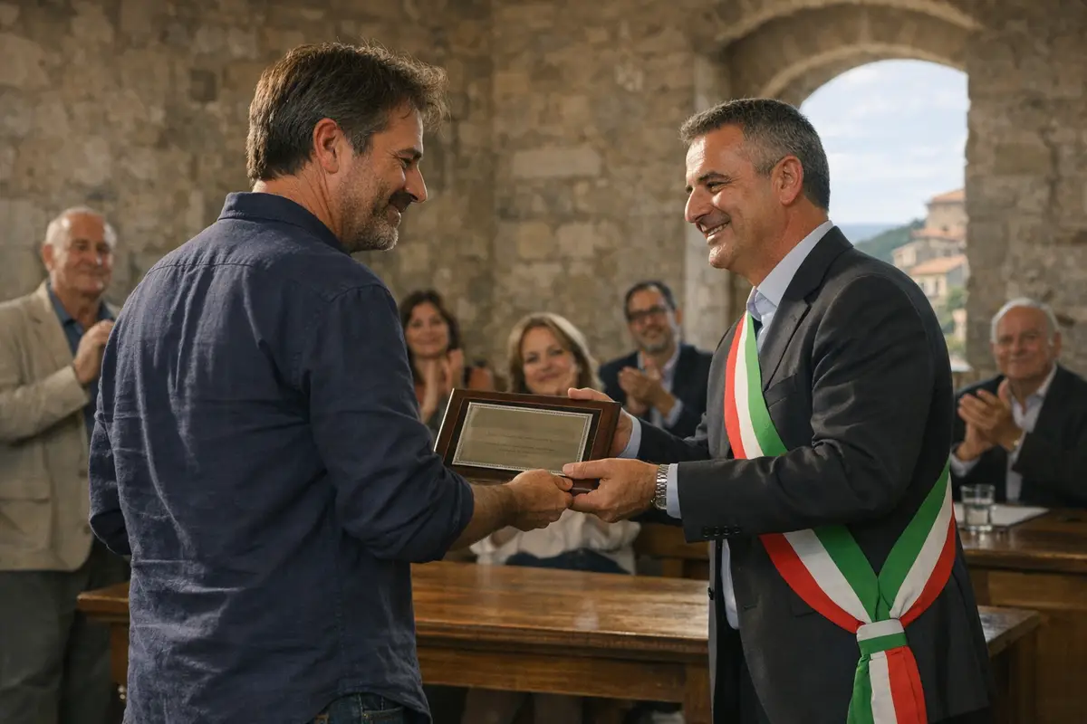 Sindaco con fascia tricolore consegna una targa a un uomo durante una cerimonia in una sala in pietra, tra applausi