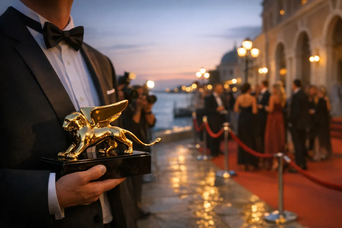 Trophy a forma di leone dorato tenuto da uno staff in smoking su un red carpet serale vicino all’acqua