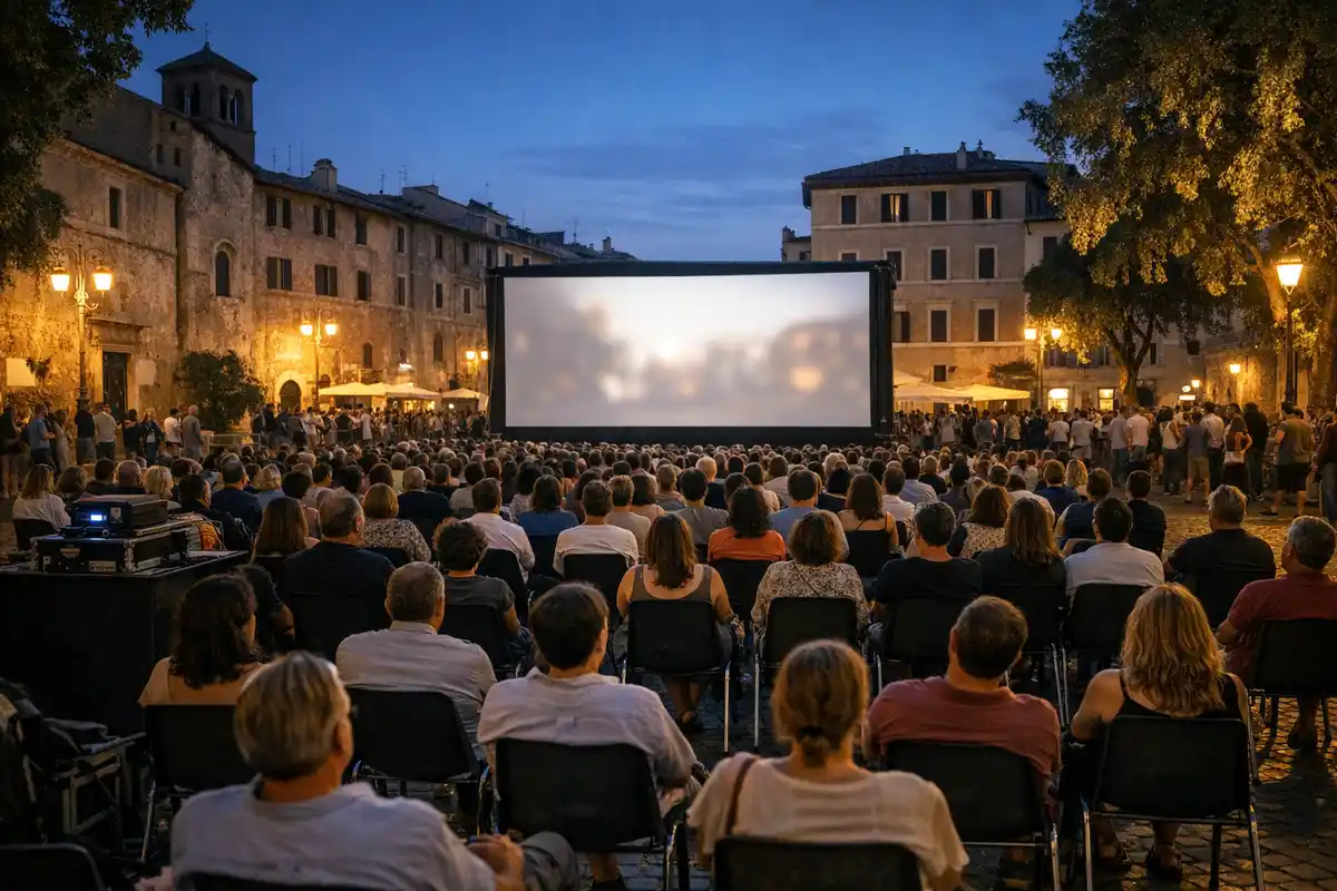 Pubblico seduto in una piazza al tramonto davanti a un grande schermo per una proiezione di cinema all’aperto
