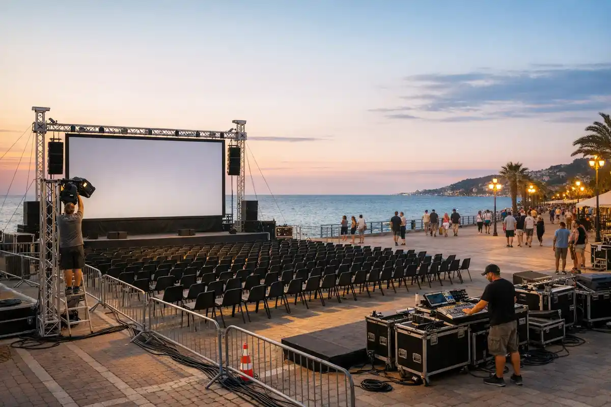 Arena cinema all’aperto sul lungomare al tramonto, con maxi schermo, file di sedie e tecnici al lavoro vicino al mare