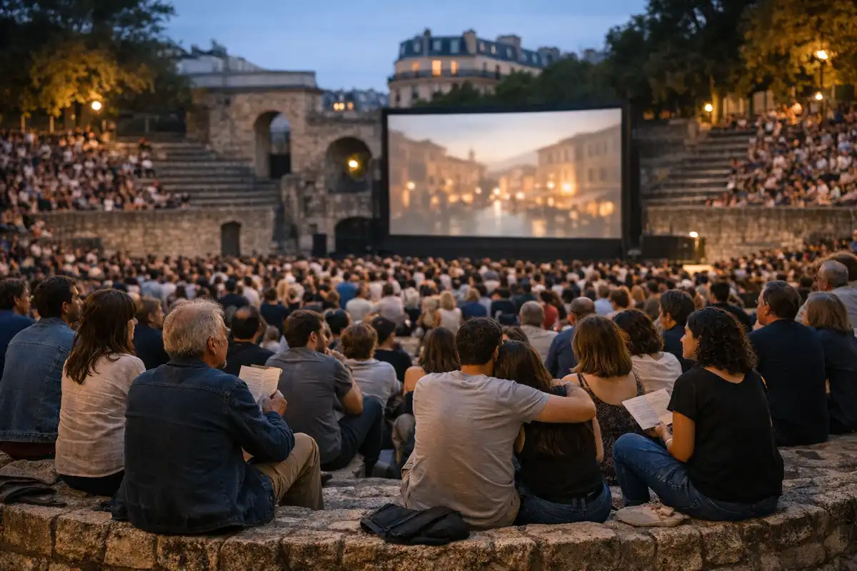Pubblico seduto sulle gradinate in pietra di un’arena romana, davanti a un grande schermo per cinema all’aperto al tramonto