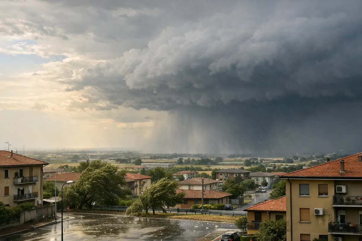 Nubi temporalesche scure con pioggia in lontananza su periferia italiana, alberi piegati dal vento e strada bagnata