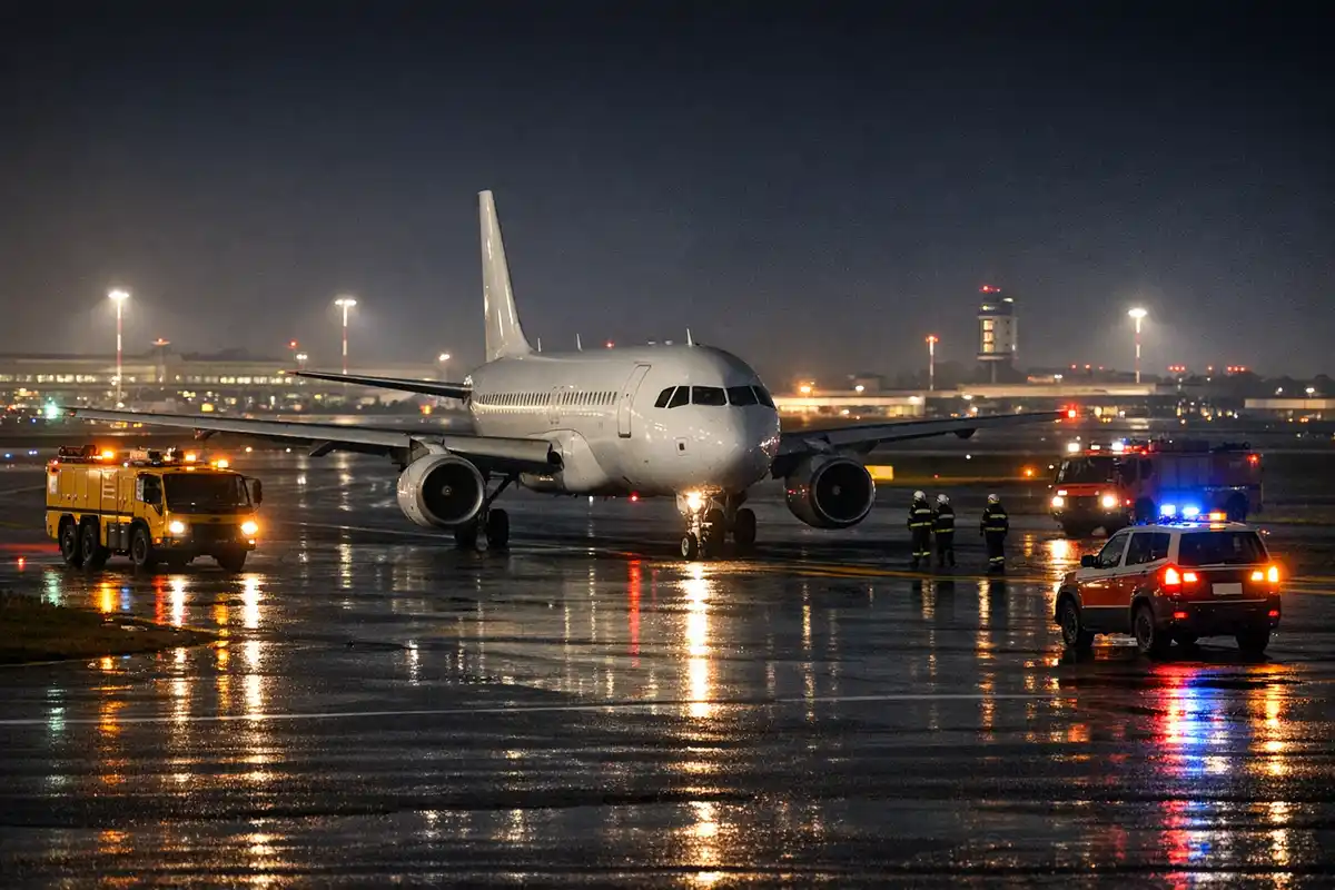 Aereo passeggeri fermo di notte su pista bagnata con mezzi di soccorso aeroportuali e lampeggianti accesi