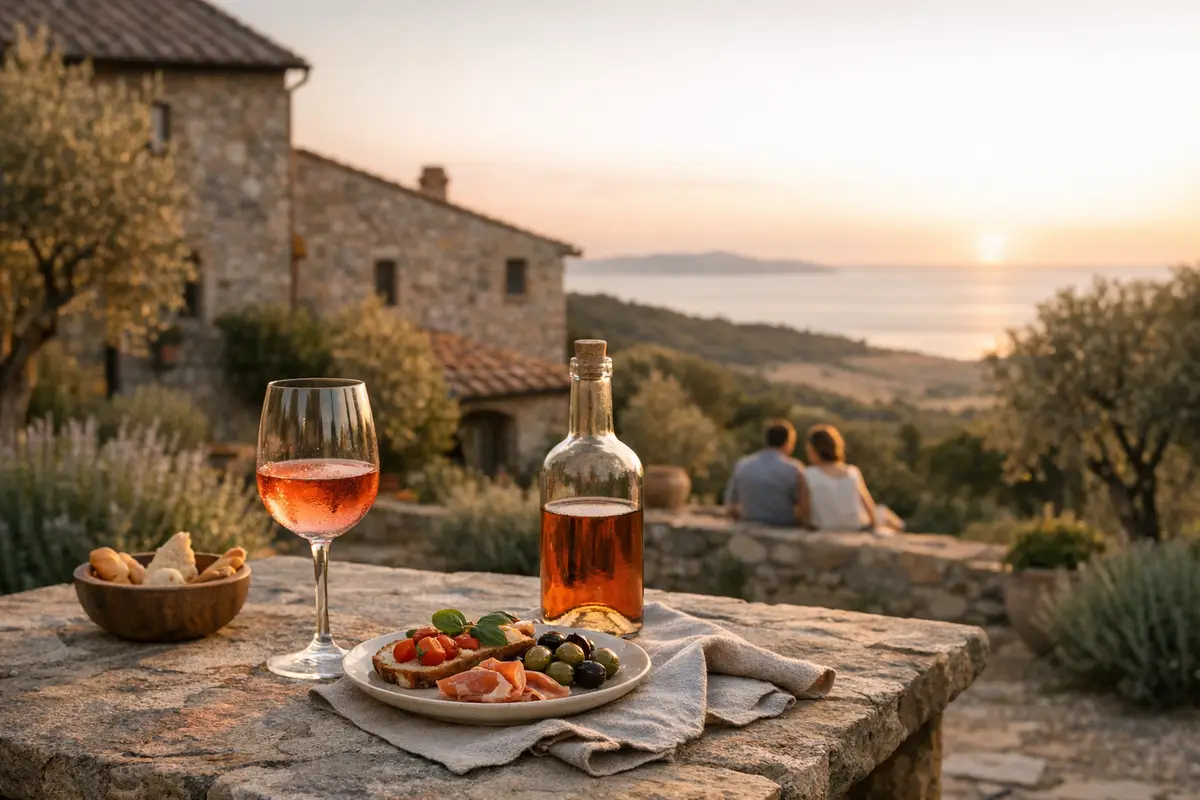 Calice di rosé e piatto di aperitivo su tavolo in pietra, con casale toscano e mare al tramonto sullo sfondo