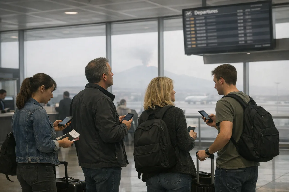 Viaggiatori con valigie e smartphone davanti al tabellone partenze in aeroporto, con Etna fumante sullo sfondo