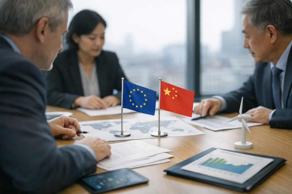 Bandiere di Ue e Cina su un tavolo di riunione, con documenti, mappa del mondo e modellino di turbina eolica