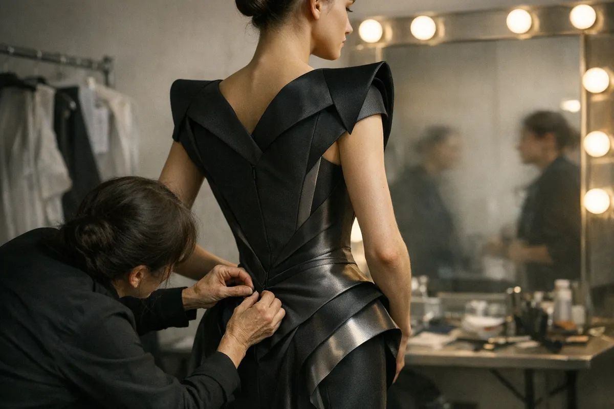 Assistente sistema la vita di un abito couture nero su una modella, davanti a uno specchio da backstage