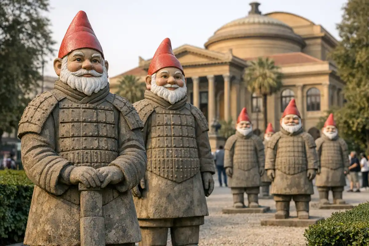 Statue di guerrieri in stile terracotta con teste da nano da giardino, nei giardini davanti al Teatro Massimo