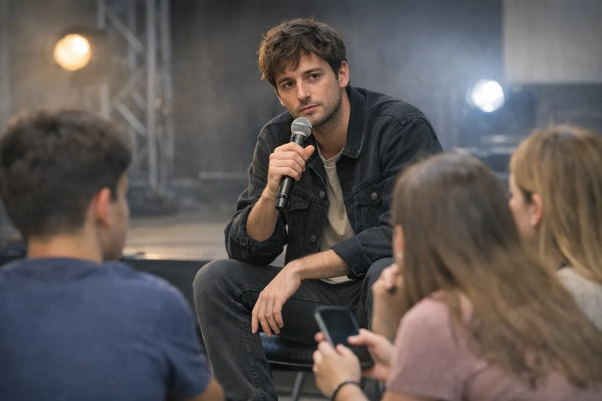 Giovane musicista con microfono parla a un gruppo di adolescenti seduti in prima fila, con uno smartphone in mano