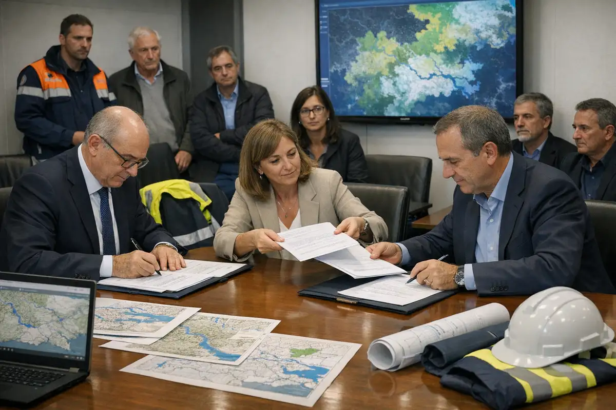Funzionari firmano documenti al tavolo con mappe idrografiche, laptop con mappa e casco di sicurezza in sala riunioni