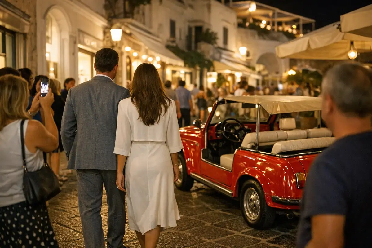 Coppia elegante di spalle cammina di notte verso un taxi rosso scoperto in una strada illuminata, tra passanti con smartphone