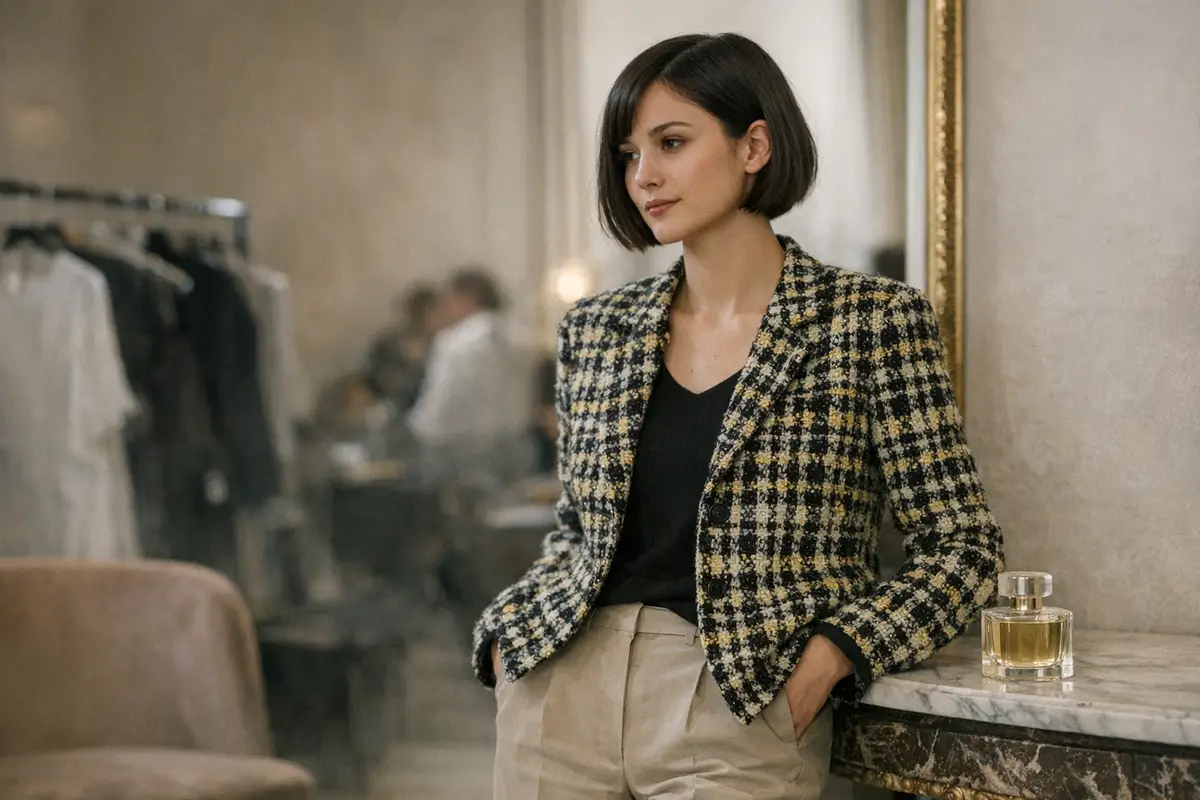 Giovane donna con caschetto e giacca tweed pied-de-poule, appoggiata a un tavolo in marmo con flacone di profumo