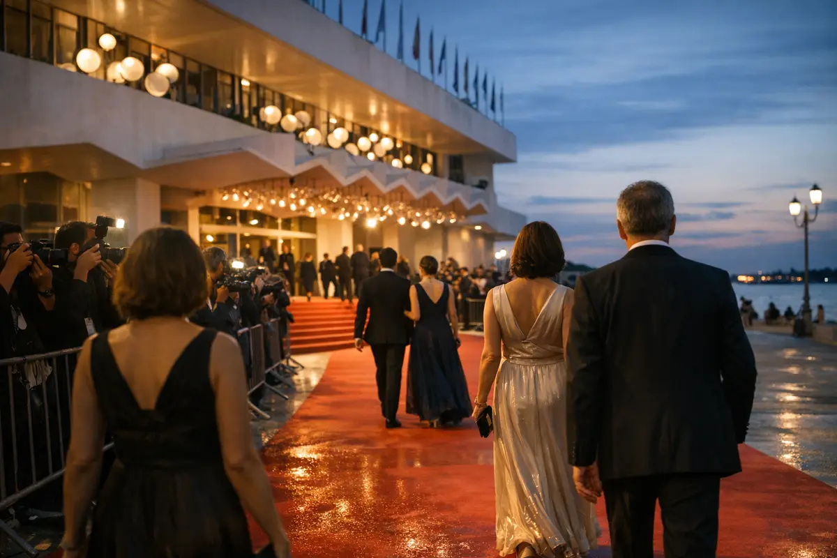 Arrivo sul red carpet al tramonto davanti al Palazzo del Cinema, con fotografi e ospiti in abito da sera