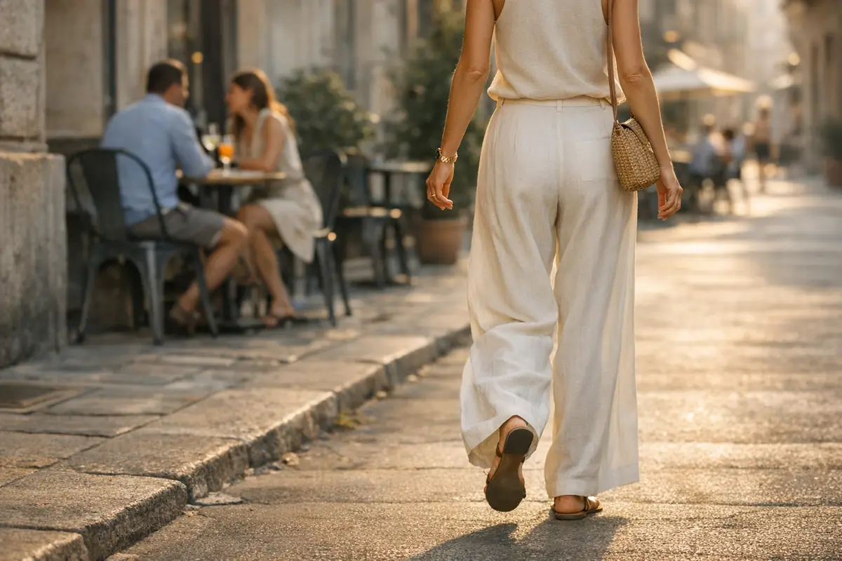 Donna che cammina in città con pantaloni palazzo chiari in tessuto leggero, sandali bassi e borsa in paglia